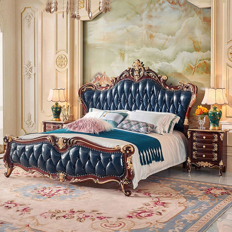 European-Style Luxury Modern Villa Solid Wood Double Bed with Carved Details Genuine Leather Soft Headboard for Weddings