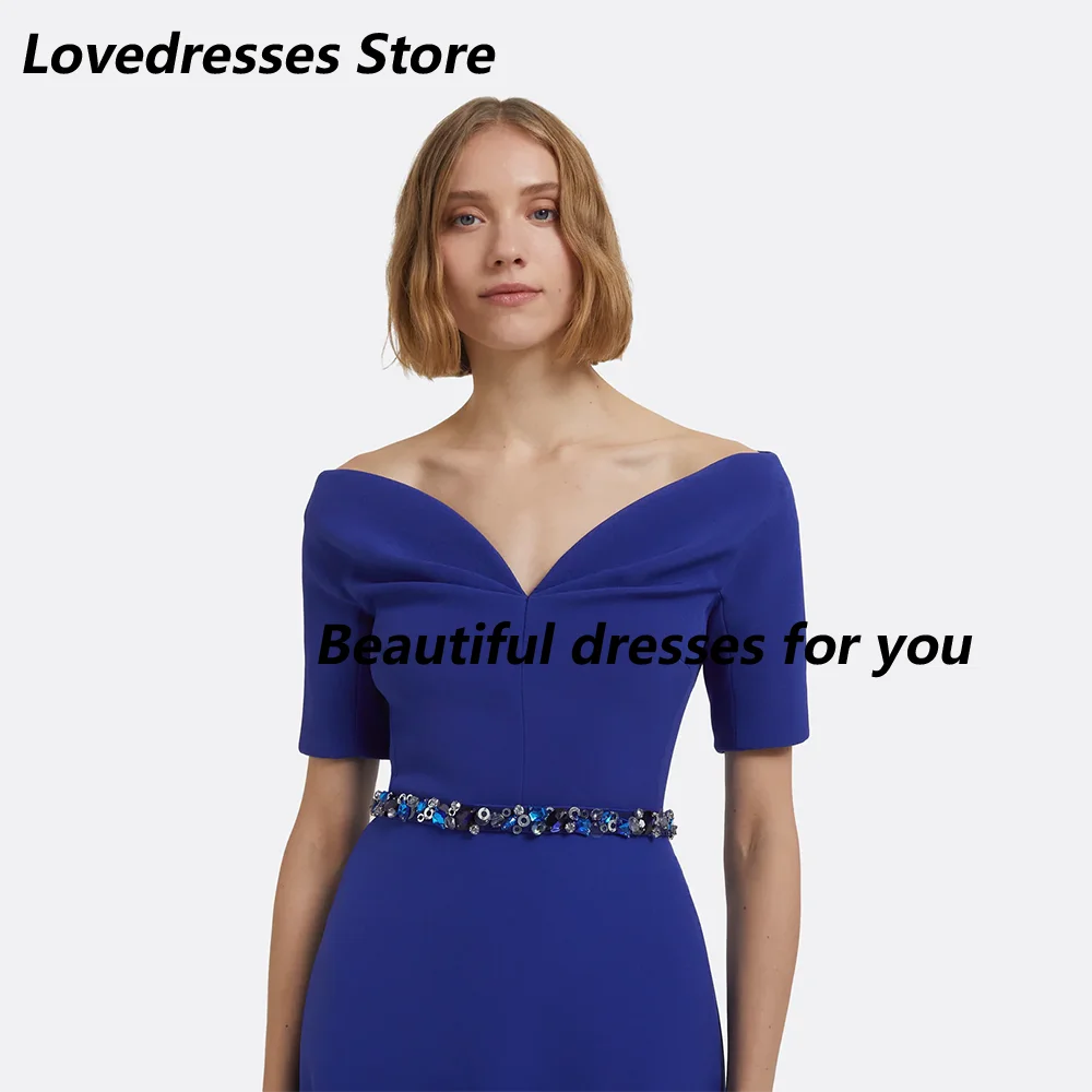 

Royal Blue Evening Dresses for Women Off The Shoulder A Line 2025 Evening Gowns Short Sleeves Crystal Belt Prom Gown Customized