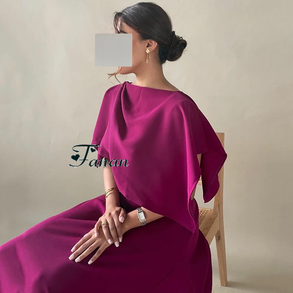 Personalizado o-pescoço simples jérsei a linha vestido de noite sem mangas watteau trem vestido de festa com capa tornozelo comprimento vestido de baile