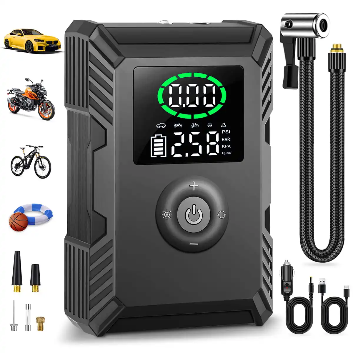 

Tire Inflator Portable Air Compressor, Electric Dual-Use Type Smart Cordless Air Pump with Pressure Gauge for Car Tires and More