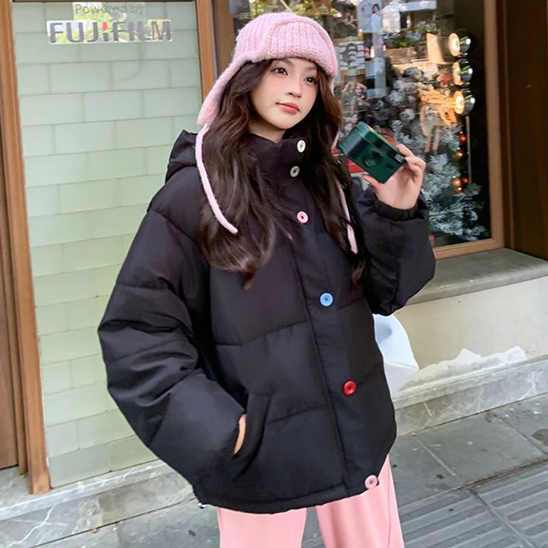 겨울 두꺼운 후드 파카 여성용 스위트 프레피 루즈 캐주얼 지퍼 푸피 코트 시크 버튼 긴 소매 배기 따뜻한 학생용 아우터