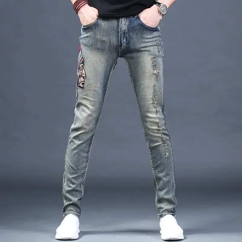 

Trousers Graphic Broken Man Cowboy Pants Ripped Torn Men's Jeans Tight Pipe Skinny Embroidery with Holes Vintage Slim Fit Y 2k