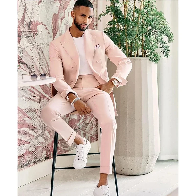 Handsome Pink Men\'s Suit for Wedding Double Breasted 2 Piece jacket Pants Male Clothing Smart Causal Office Slim Fit Blazer Set