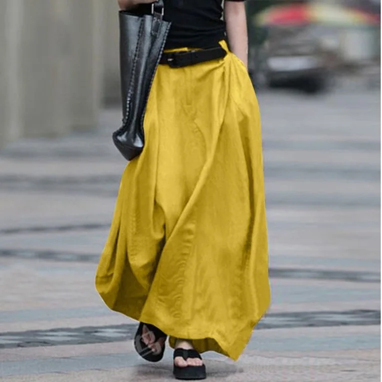 

Autumn Women's Vintage Simple Skirt Summer Fashion Loose Solid Cotton Linen High Waist Casual Beach A-line Maxi Skirts Female