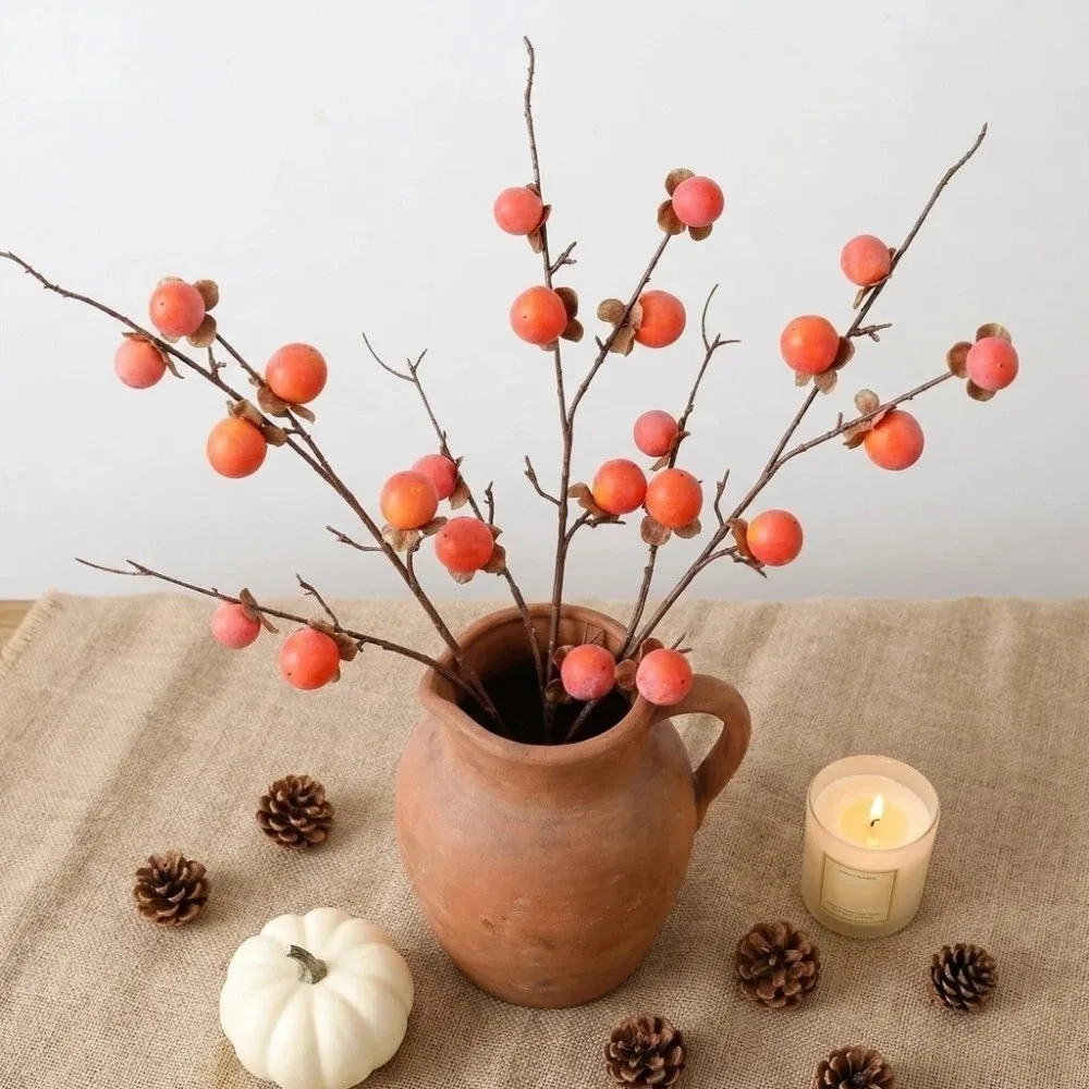 

8 Heads Artificial Persimmon Branch Handmade Realistic Simulation Persimmon Fruit Elegant Foam Fake Plants Wedding Decor