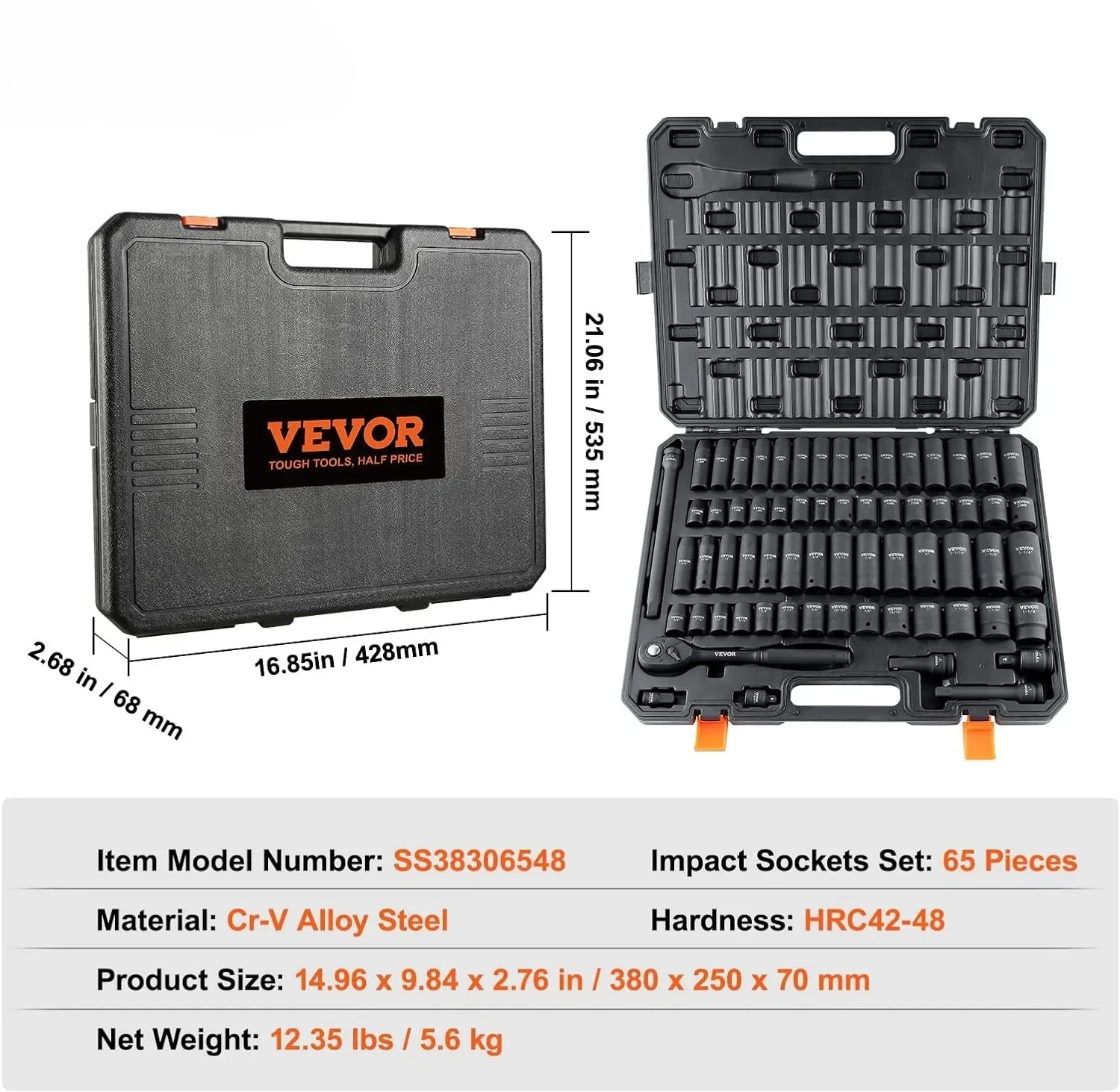 [XMSJ-ограниченный запас, купить сейчас! ] Набор ударных головок привода 1/2 дюйма, 65 предметов SAE от 3/8 до 1-1/4 дюйма и метрических 10–24 мм, 6-точечный сплав Cr-V S