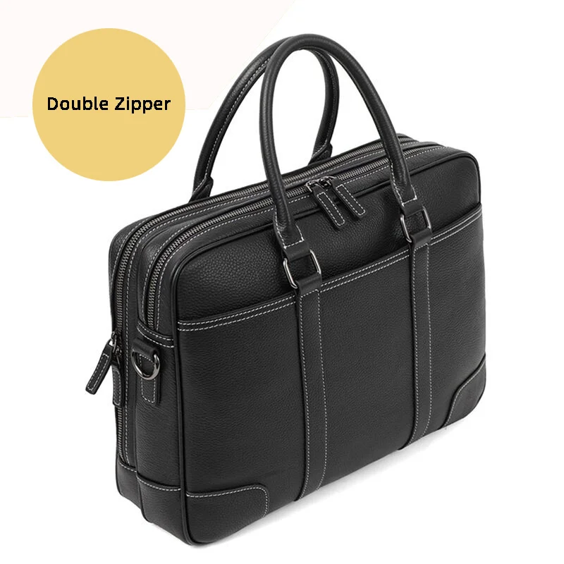 Bolsa de couro genuíno de zíper duplo para homens Male Business Travel Laptop Shoulder Bag, pasta de escritório, Totes para papel A4