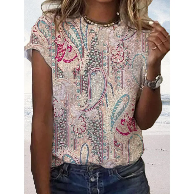 Summer Vintage Ethnic Style Geometric 3D Print T-shirts Women Streetwear Casual Short Sleeve T Shirt O-neck Tees Tops Clothing