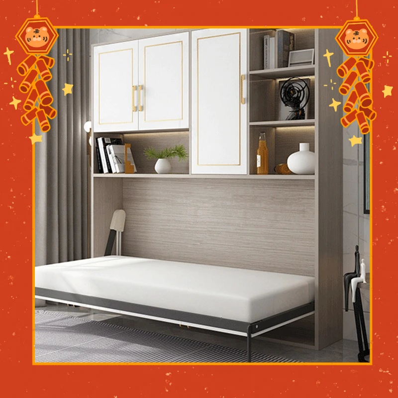 

Small apartment invisible bed wardrobe integrated multi-functional combination space saving living room study solid wood