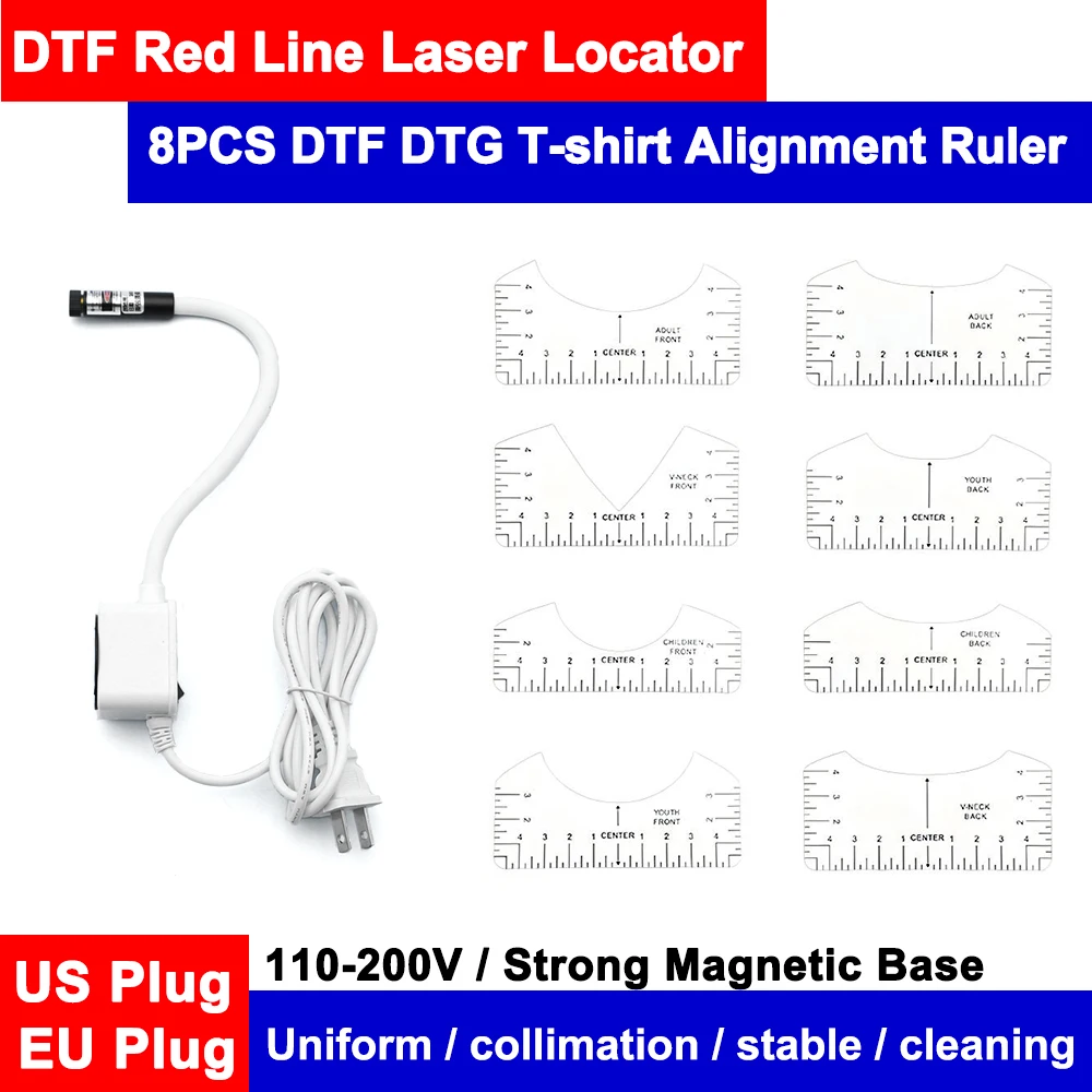 

DTF Print Laser Locator Light Sewing Machine Red Line Cross 8PCS T-shirt Alignment Ruler For Sublimation Heat Press Printing