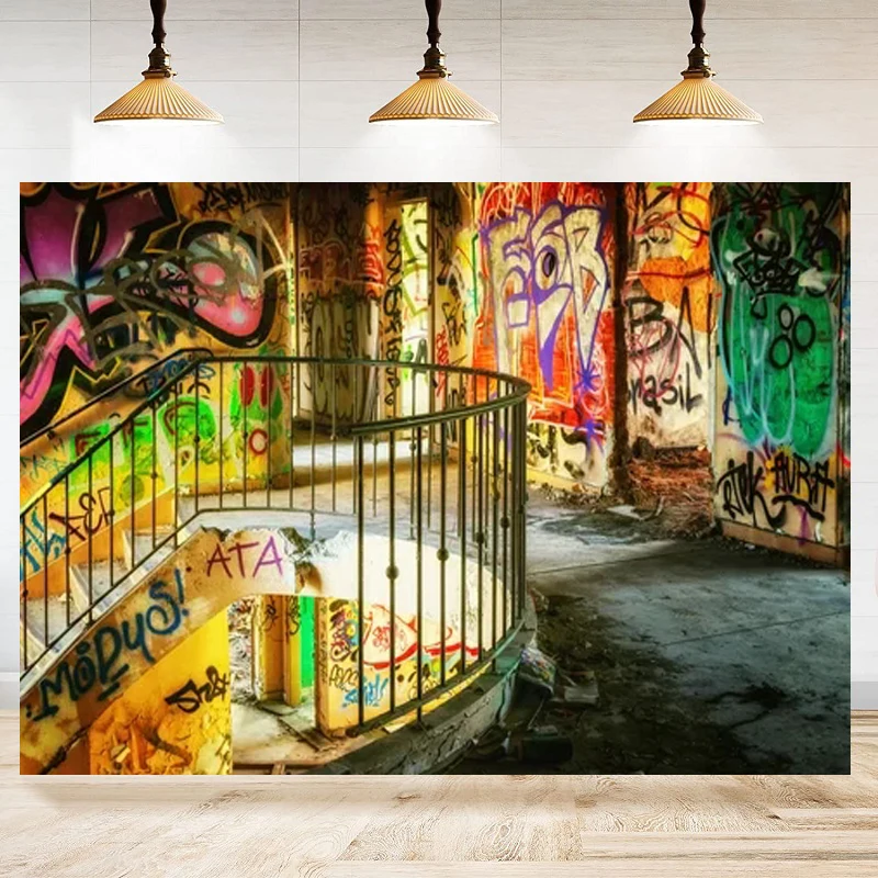 Urban Street Graffiti Wall Photography Backdrop Retro Abandoned School Building Background Children Kids Adult Photo Booth Shoot