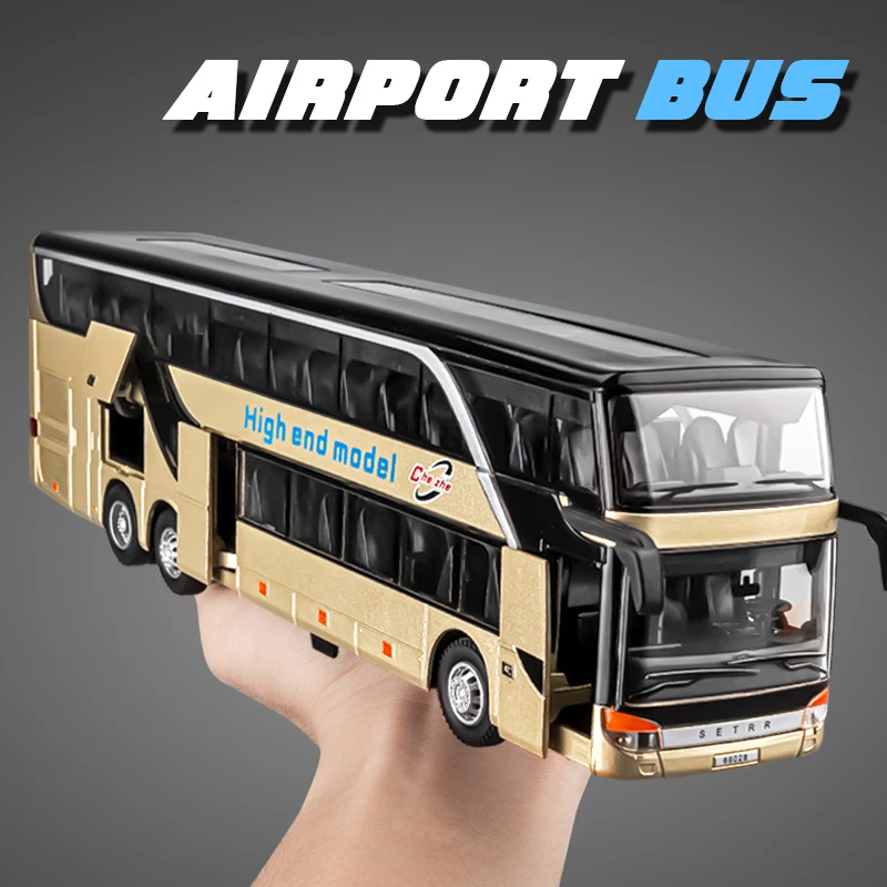 Luxury Electric Airport Business Bus Alloy Car Model Diecasts Metal City Tour Bus Model Simulation Sound and Light Kids Toy Gift