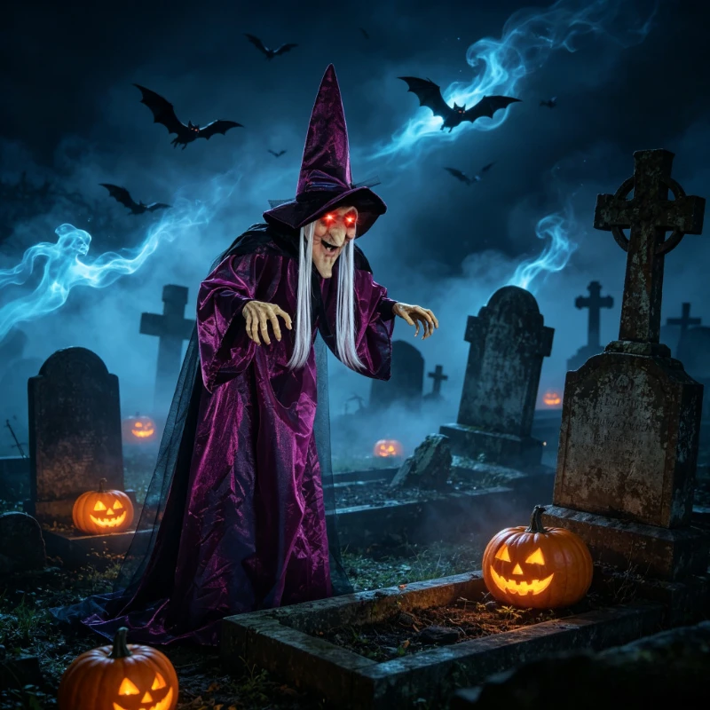 Halloween Life Size Talking Witch Purple Outdoor Spooky Scary Witch Animatronic Voice Controlled Glowing Screaming Decoration