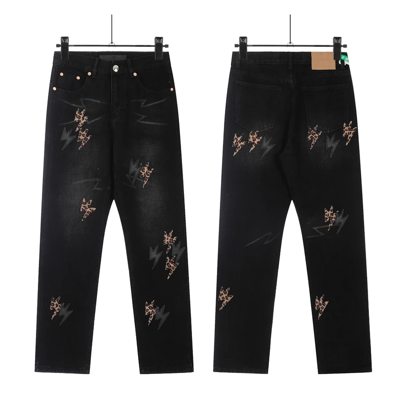 

Hip Hop Pop Lightning Denim Pants Patchwork Leather Leopard Full Print High Street Jeans Washed Black Straight Trousers Unisex