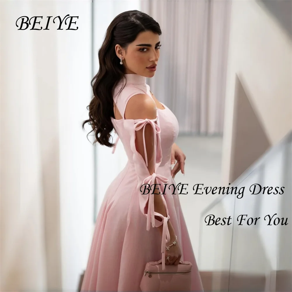 BEIYE Prinzessin Rosa Satin A-Linie Abendkleid Schleifen Lange Ärmel Stehkragen Tee-Länge Abendkleid Formelles Partykleid Maßgeschneidert