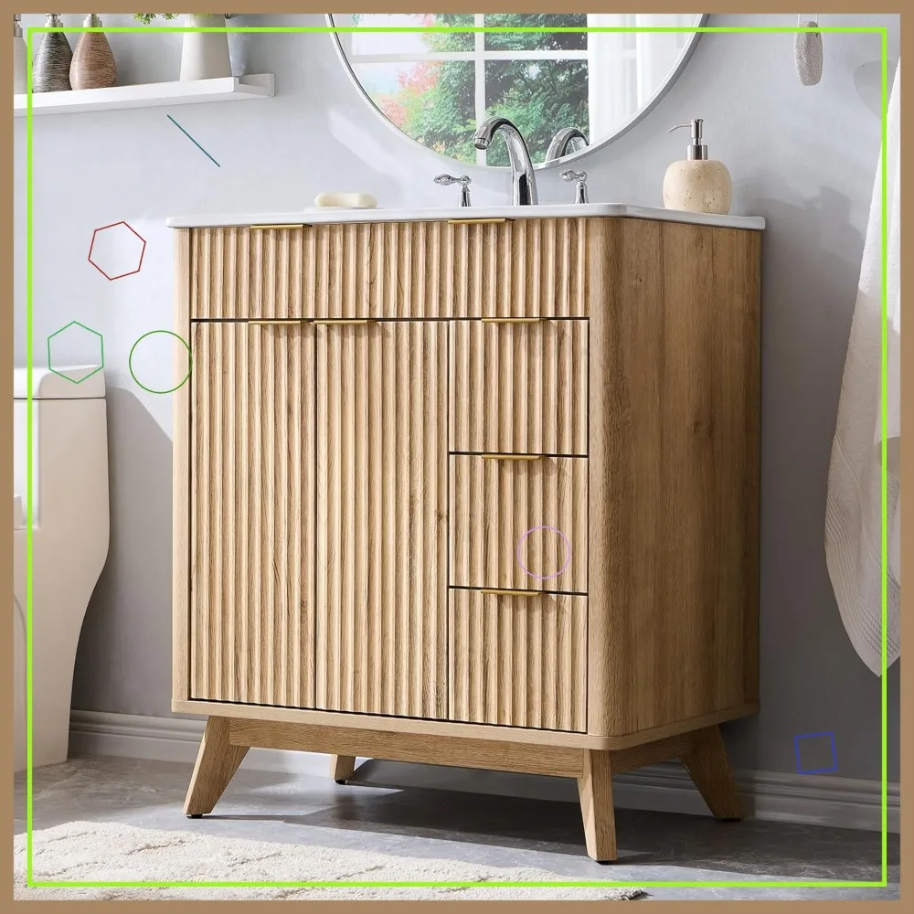 30" moderner freistehender Badezimmer-Waschtisch mit Keramikwaschbecken, sanft schließenden Türen und Schubladen, Holzmaserung-Eichen-Finish