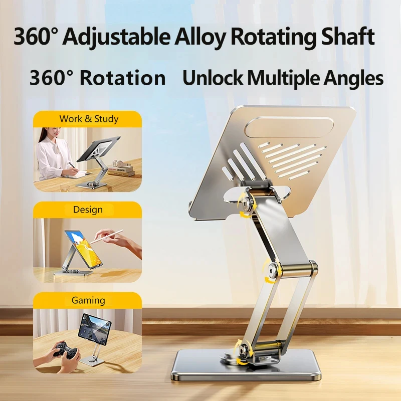 360° Rotation Foldable Adjustable Phone Tablet Stand, Aluminum Alloy Desktop Holder for Live Streaming Office Work Video Watch