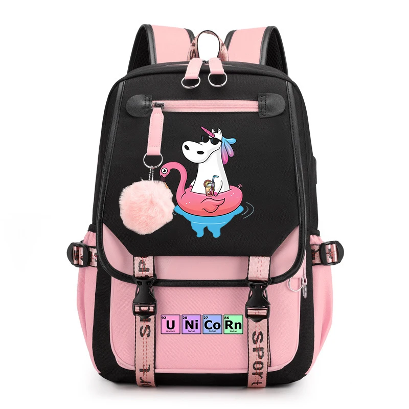 Unicorn Print Backpack para meninas, Campus Student School Bag, USB Travel Bag, Kids Gift