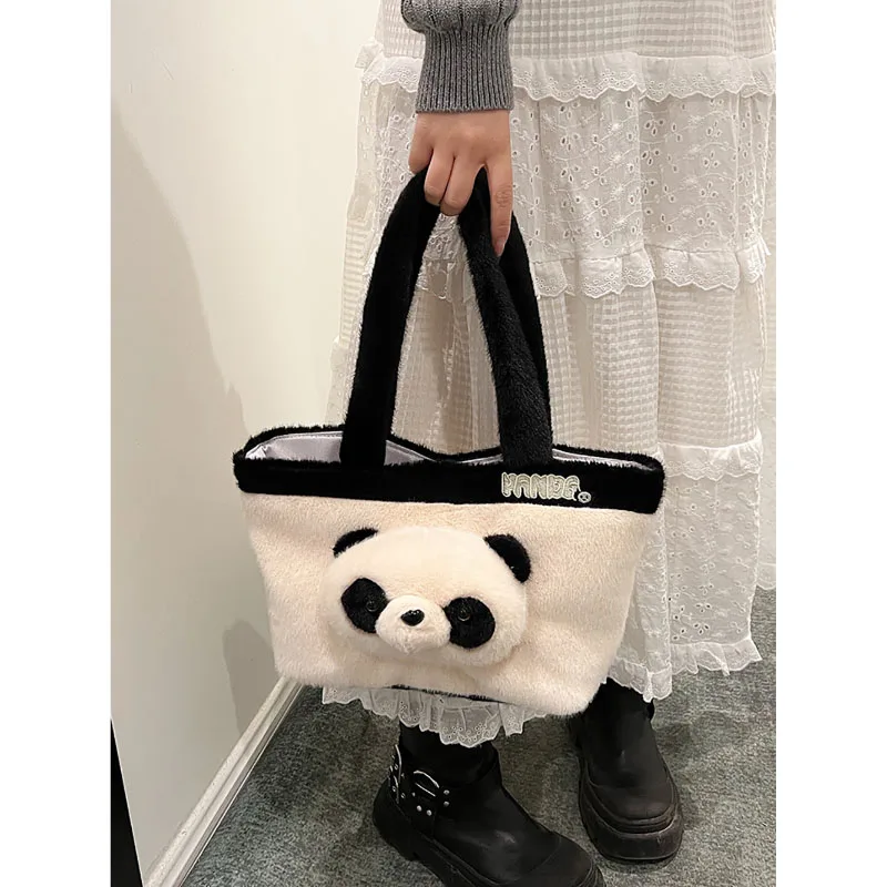 

Cute Cartoon Plush Tote Bag Chinese Panda Fashion Soft Large Capacity Shoulder Bag Women 2023 New Design Sense Lamb Wool Handbag