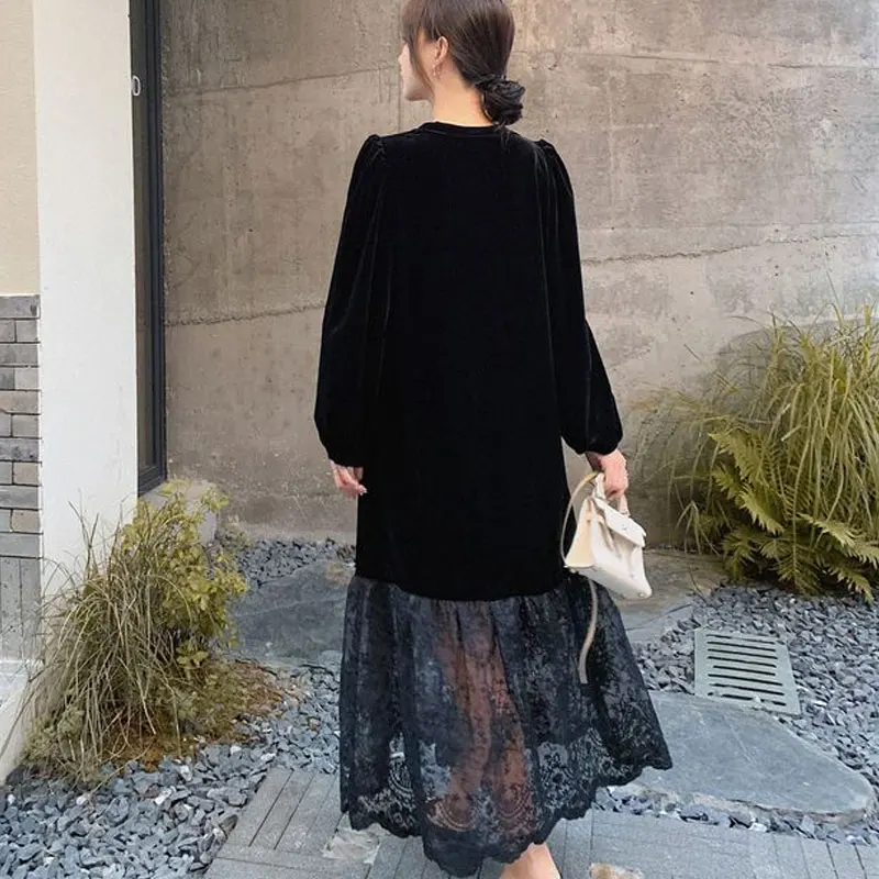 French Style Long Sleeve Velvet Dresses Women's Clothing Fashion Elegant Lace Patchwork Autumn Casual Basic O-Neck Long Dress