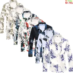 2026 New Men's Blue Printed Long Sleeve Shirt, Fashion Casual Shirts, Single Breasted Lapel, Asian Size M-7XL