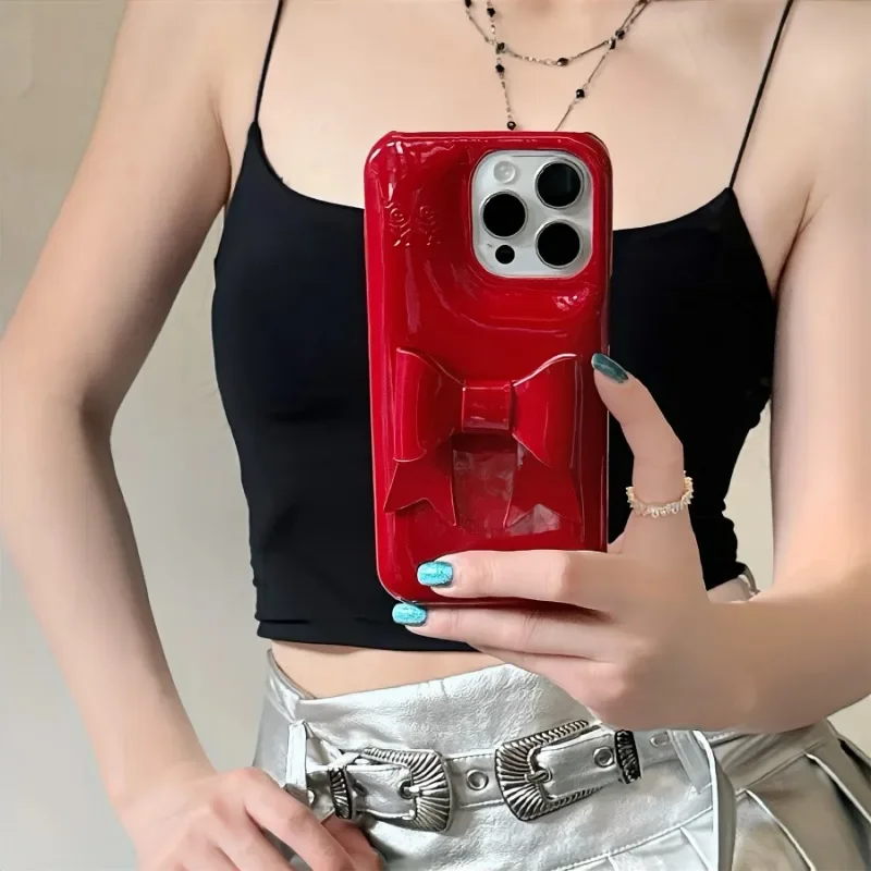 New Korean Cute Simple Fashion Bubble Shell 3D Bow Red Phone Case For iPhone 16 15 14 13 12 Pro Max Shockproof Back Cover