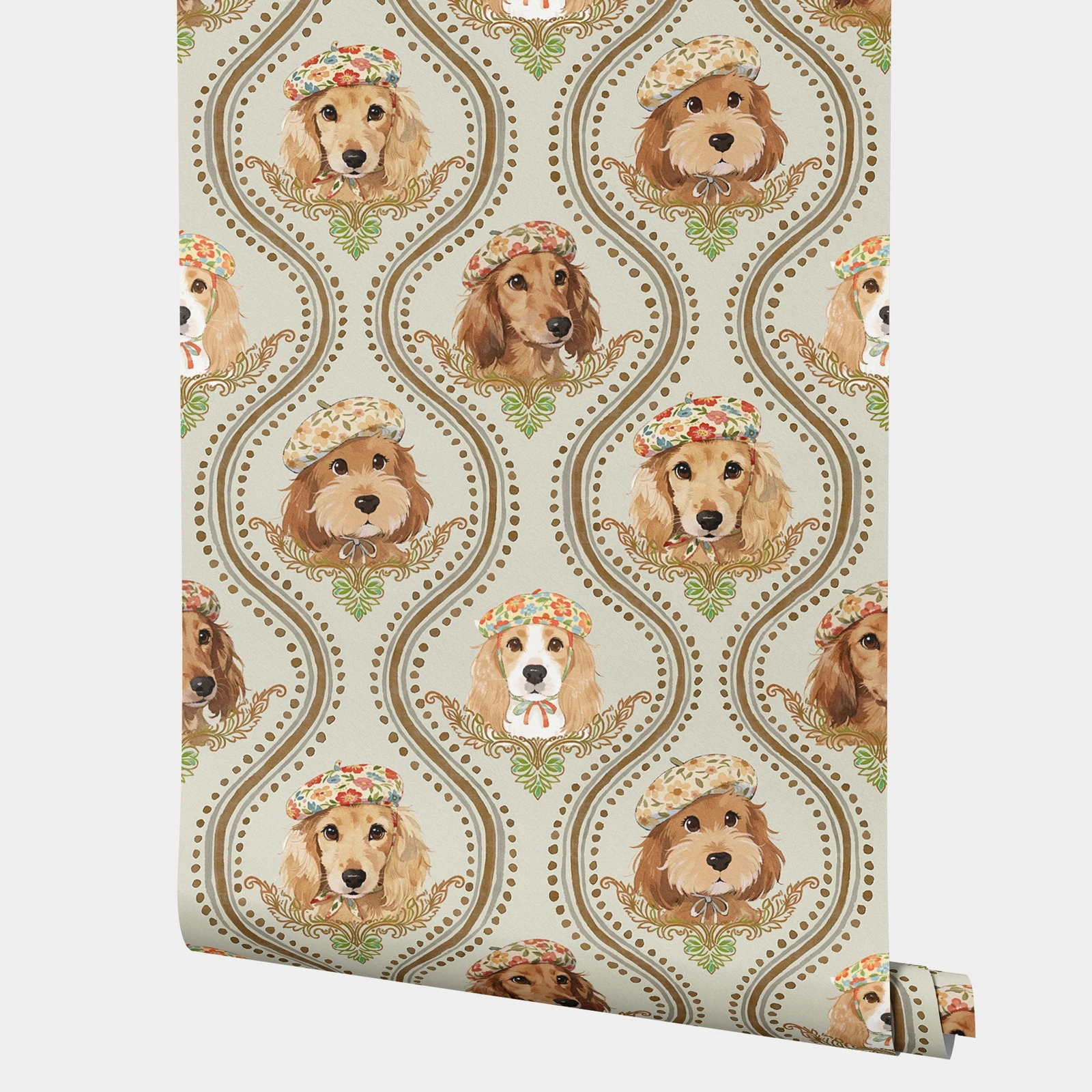 

Дамасские настенные обои с животными, обои с отрывом и наклейкой, очаровательная собака с цветочным рисунком, винтажный настенный декор для кухни, 50*300