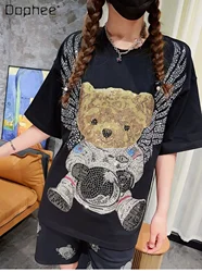 Fashion Hot Diamond Space Flying Bear Short Sleeve T-shirt Female 2023 Summer New Big Wings Black High Street Couple Style Top