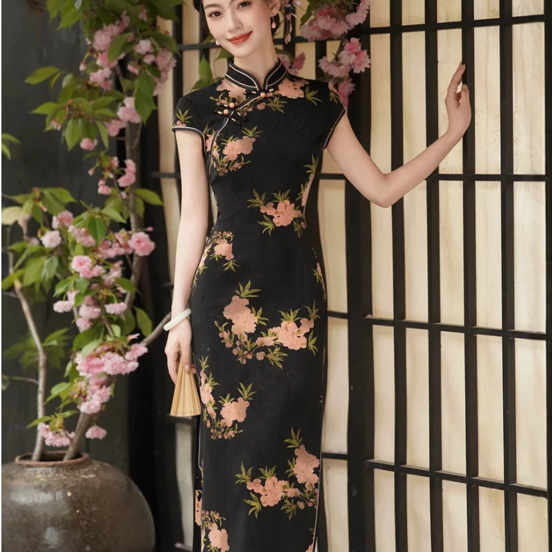 Autumn Lady Qipao Sexy Print Flower Cheongsam Mandarin Collar Easten Chinese Dress Elegant Vintage Button Vestidos Plus Size 4Xl