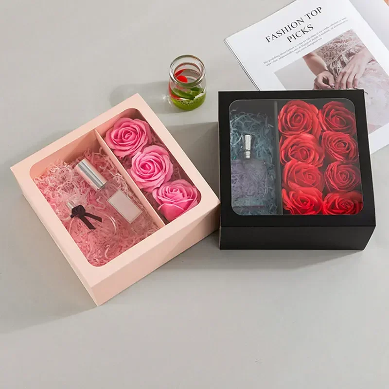 Square Gift Box with Handle Transparent PVC Window Rose Candy Dessert Valentine\'s Day Memorial Day Gift Packaging Box Pink/Black