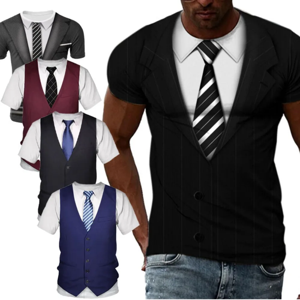 Men's 3D Printed T-Shirt Funny Fake Suit Vest Short Sleeve Casual Summer Tee family matching outfits