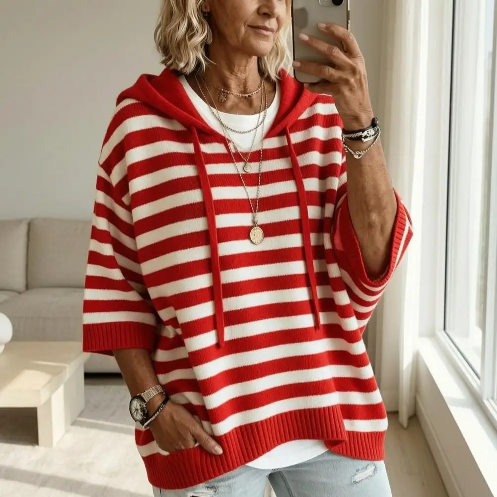Half-Sleeve Knit Sweater Hooded Striped Knit Sweater Casual Loose Half Sleeve Drawstring Sweater Autumn Hooded Pullover Top