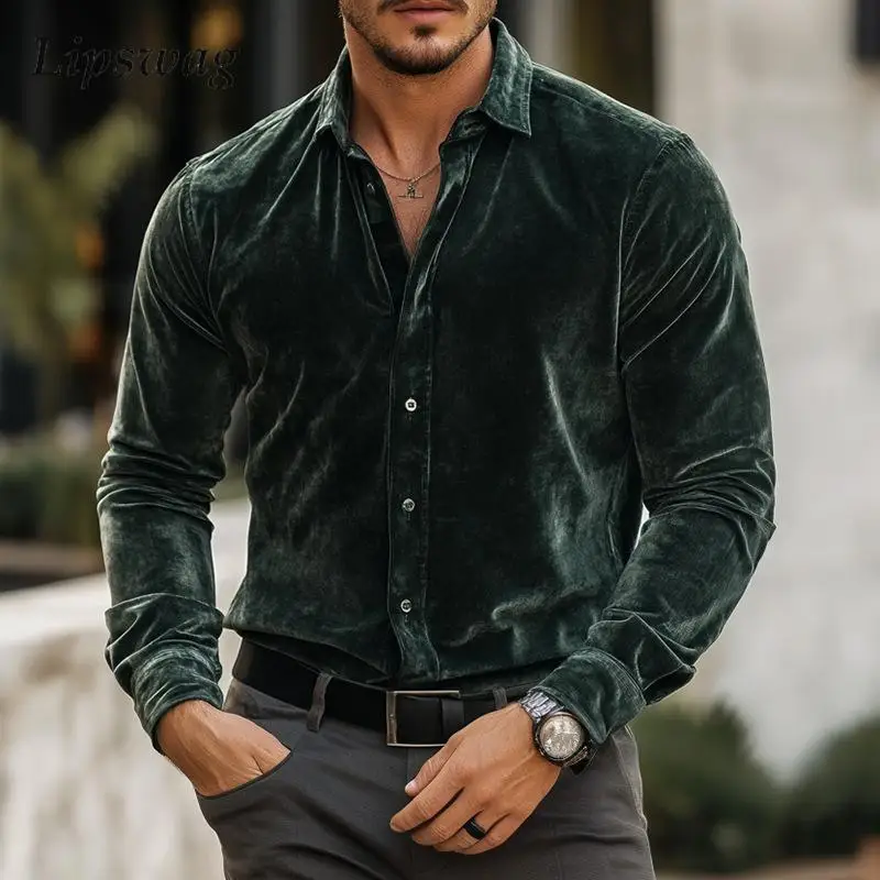 

Деловая мода Мужские бархатные рубашки с длинным рукавом на пуговицах с лацканами Повседневная рубашка Мужская осень-зима Стильные однотонные тонкие кардиганы