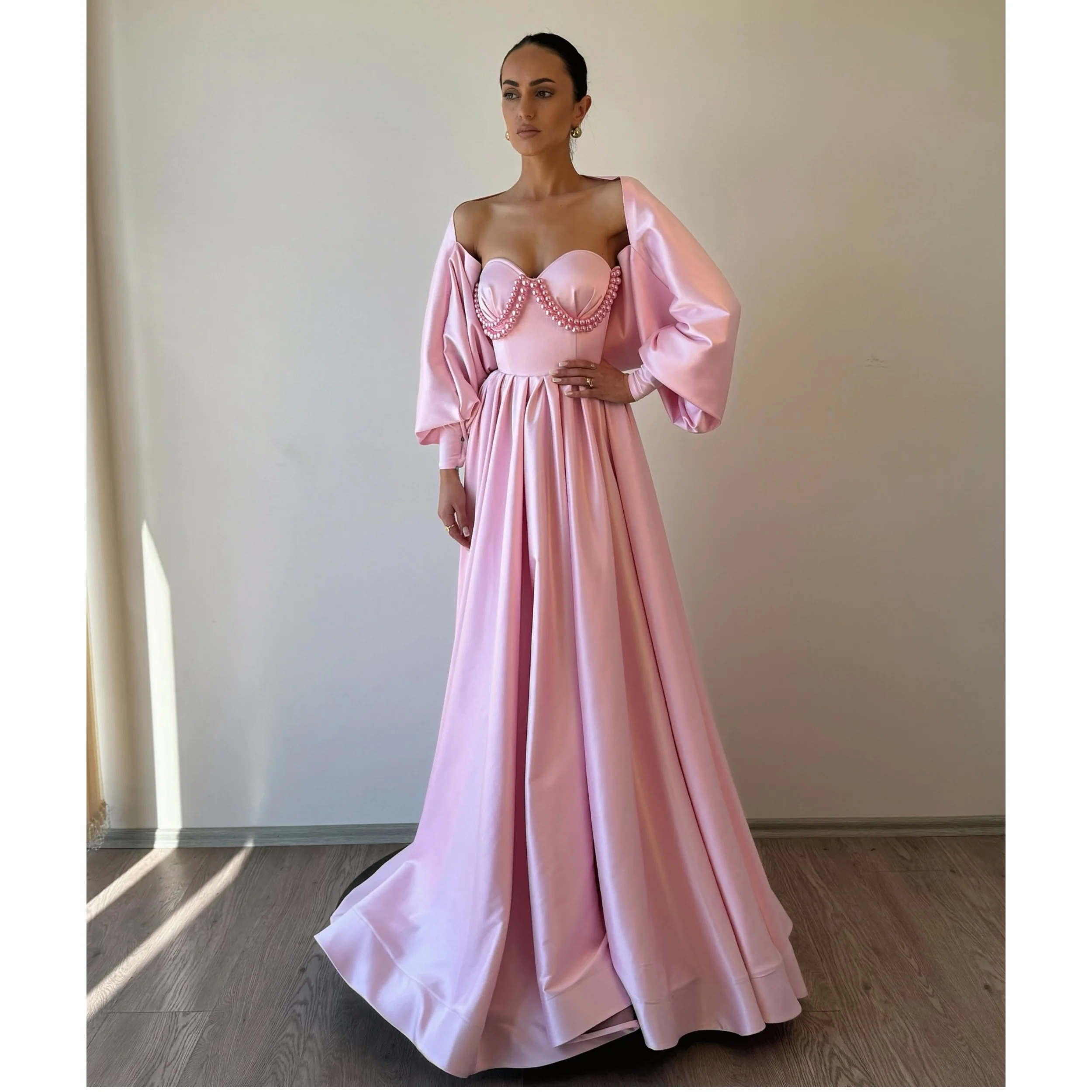 

Elegant Pink Stain Prom Dress for Women A Line Sweetheart Pearls Vestidos de Fiesta Formal Party Gowns Customized Brithday Wear