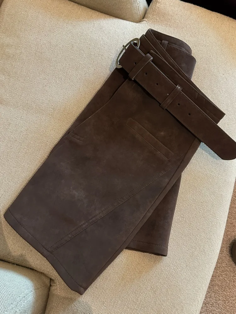 High Waist A-Line  Skirt Women's Autumn Winter New Sle Soft Comfortable Deer Skin Velvet Belted ort Skirt for Commute