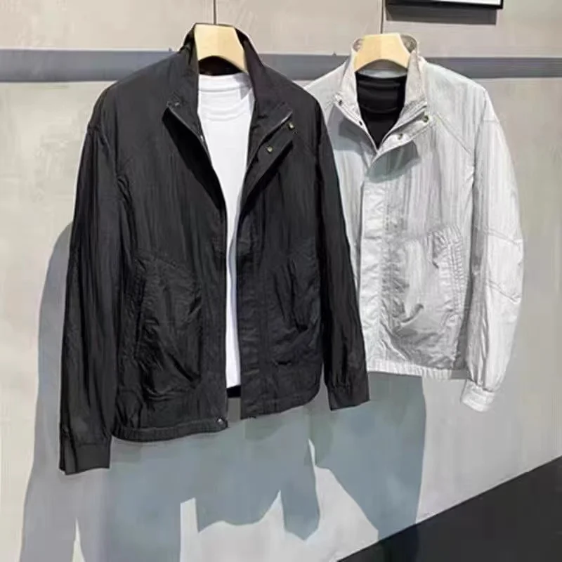 

Lightweight Ice Silk Jaet Loose Fit Stand Collar Men's Summer Outerwear Trendy Casual Sle Polyester Long Sve Zipper