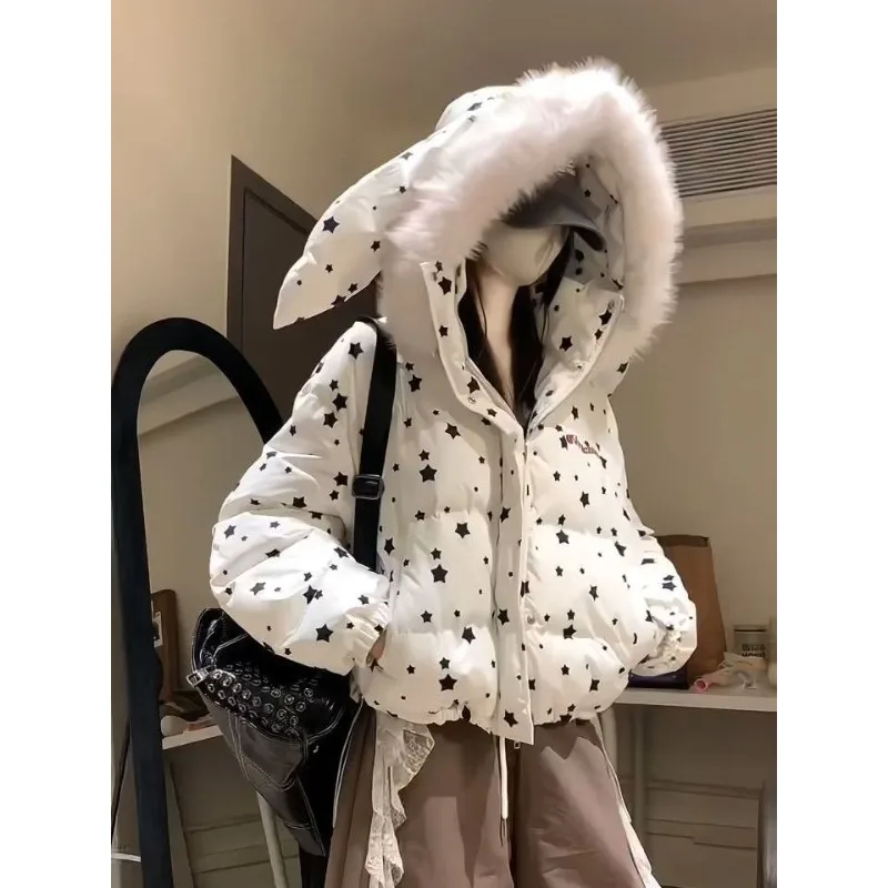 

Women's Winter New Warm and Versatile Down Jacket with A Design Sense Star-shaped Rabbit Ear Fur Collar, A Puffer Jacket