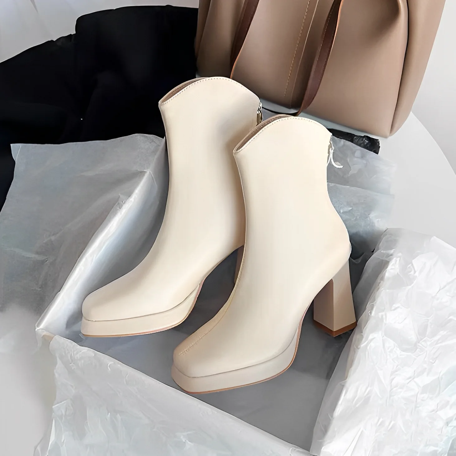 

High heeled skinny boots V-neck short boots for women 2025 winter thick heel square toe short boots