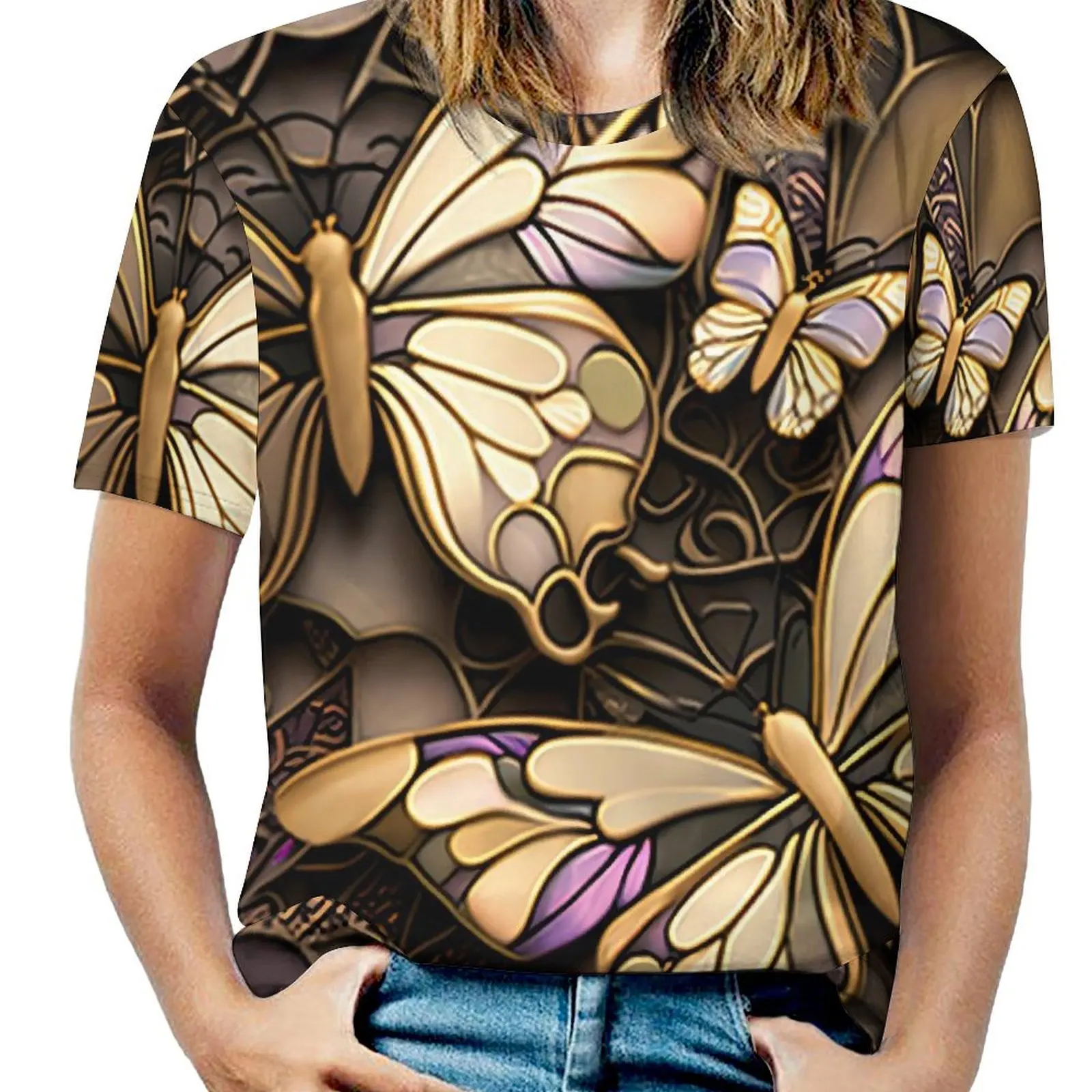 Gold Butterfly T Shirt Abstract Animal Trendy T Shirts Short-Sleeve Casual Tshirt Sexy Printed Clothes 4XL 5XL 6XL