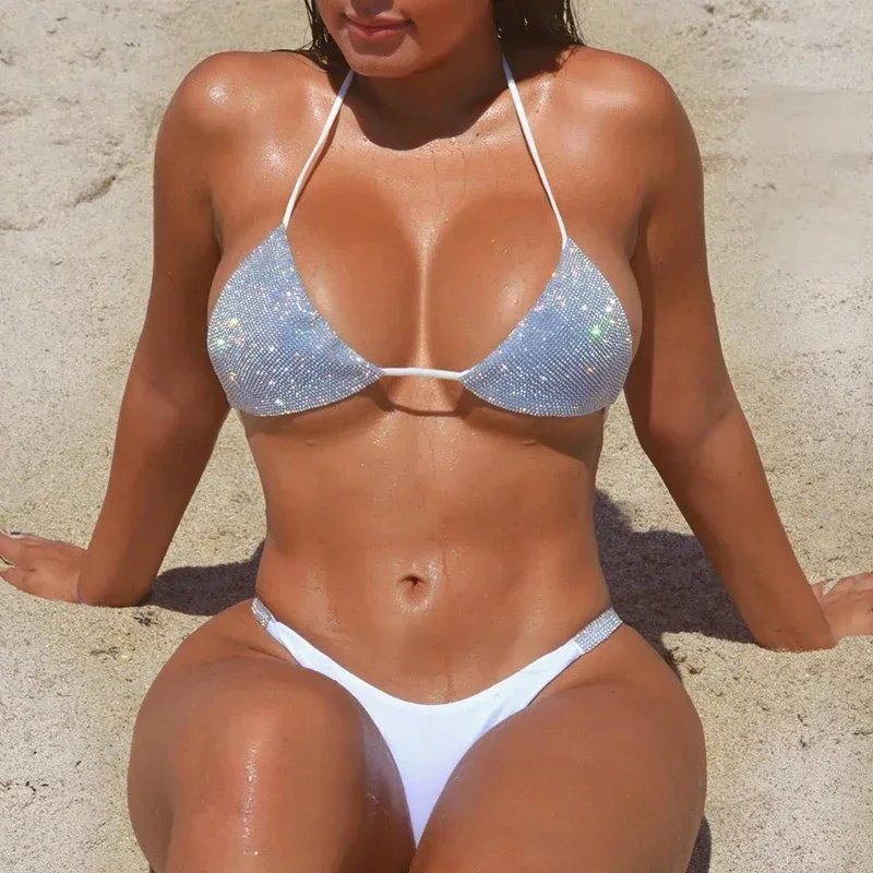 Conjunto de microbikini de retales con lentejuelas para mujer, traje de baño con cuello Halter y espalda descubierta, traje de baño Sexy de corte bajo, traje de baño Push Up, Monokini Biquinis