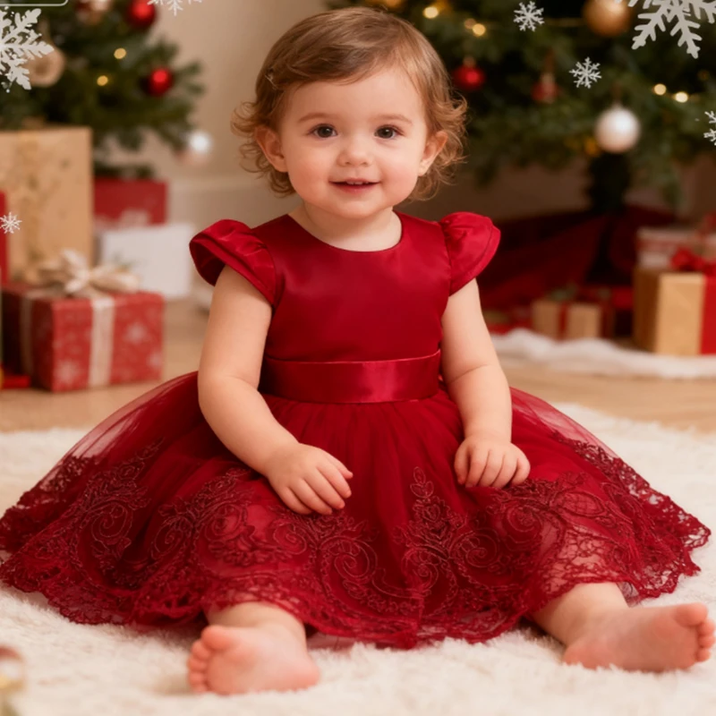 

2025 Toddler Christmas Party Baby Dresses Flower Embroidery Princess Dress Girls 1st Birthday Party Baptism Infant Dress Gown