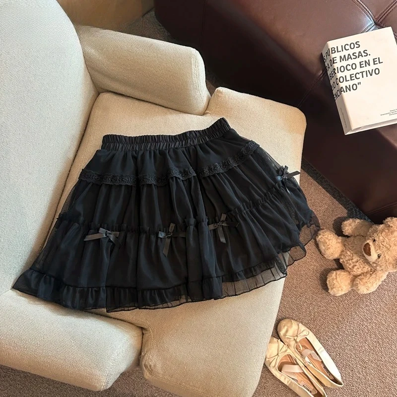 

Lolita Girl Elegant Fungus Edge Lace Bow Mini Skirt Women 2025 Summer Sweet Layer Cake Skirts College Style Short Pleated Skirt
