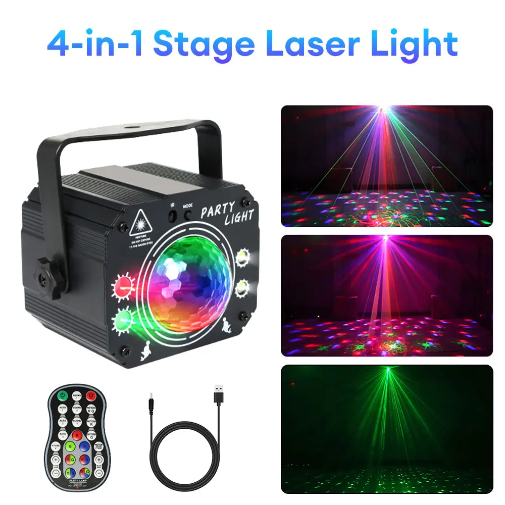 

4-in-1 Disco Light Party DJ Stage Light USB Mini Voice Controlled Red and Green Strobe Light Club Stage Effect Holiday Decoratio