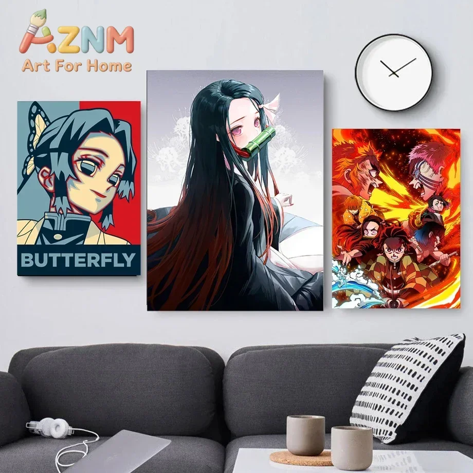 AZNM Demon Slayer Anime Canvas Wall Art Tanjiro Nezuko Zenitsu Inosuke Manga Character Canvas Print Bedroom Home Decor Poster