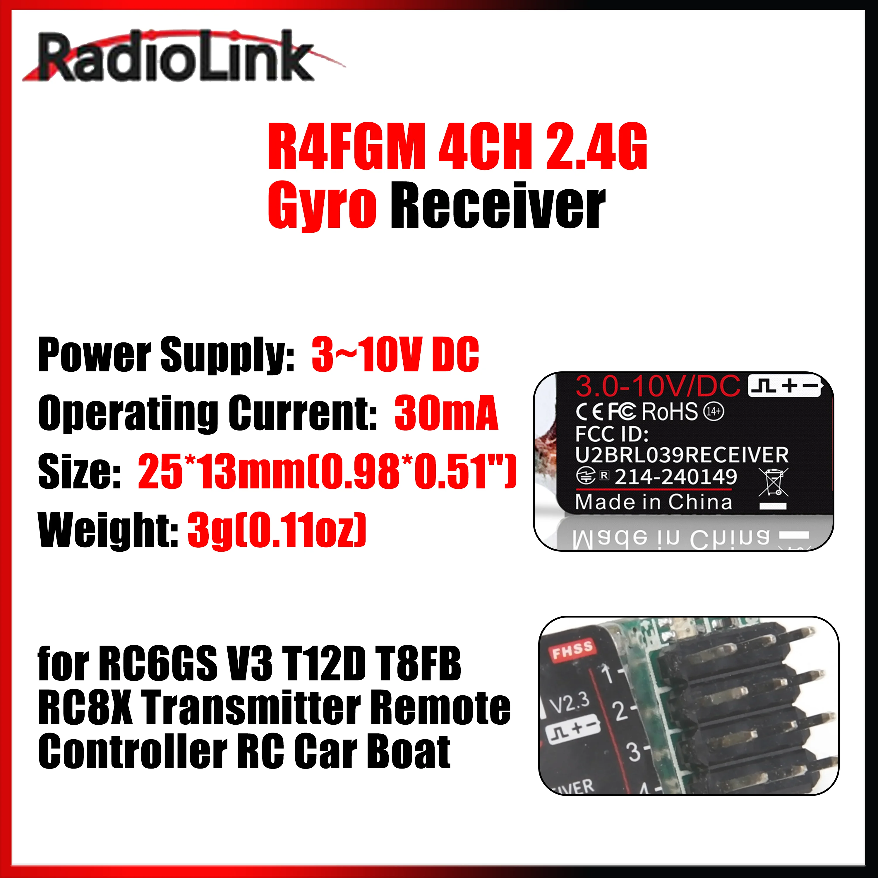 RadioLink R4FGM V2.3 4CH 2.4G Mini Receiver Radio System for RC6GS V3 T12D T8FB RC8X Transmitter Remote Controller RC Car Boat