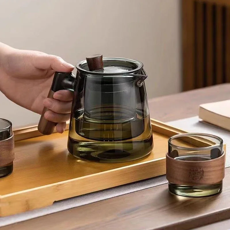 650ml Heat-Resistant Glass Tea Kettle with Removable Infuser Wood Handle Loose Leaf  Maker for Blooming   Glass  Set