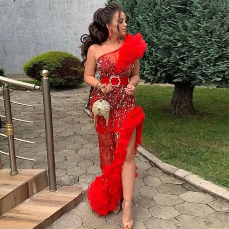 

Sexy Red Prom Dress One Shoulder Beaded Sequin Evening Dress Ruffle Edge Split Formal Party Wedding Dress Customization