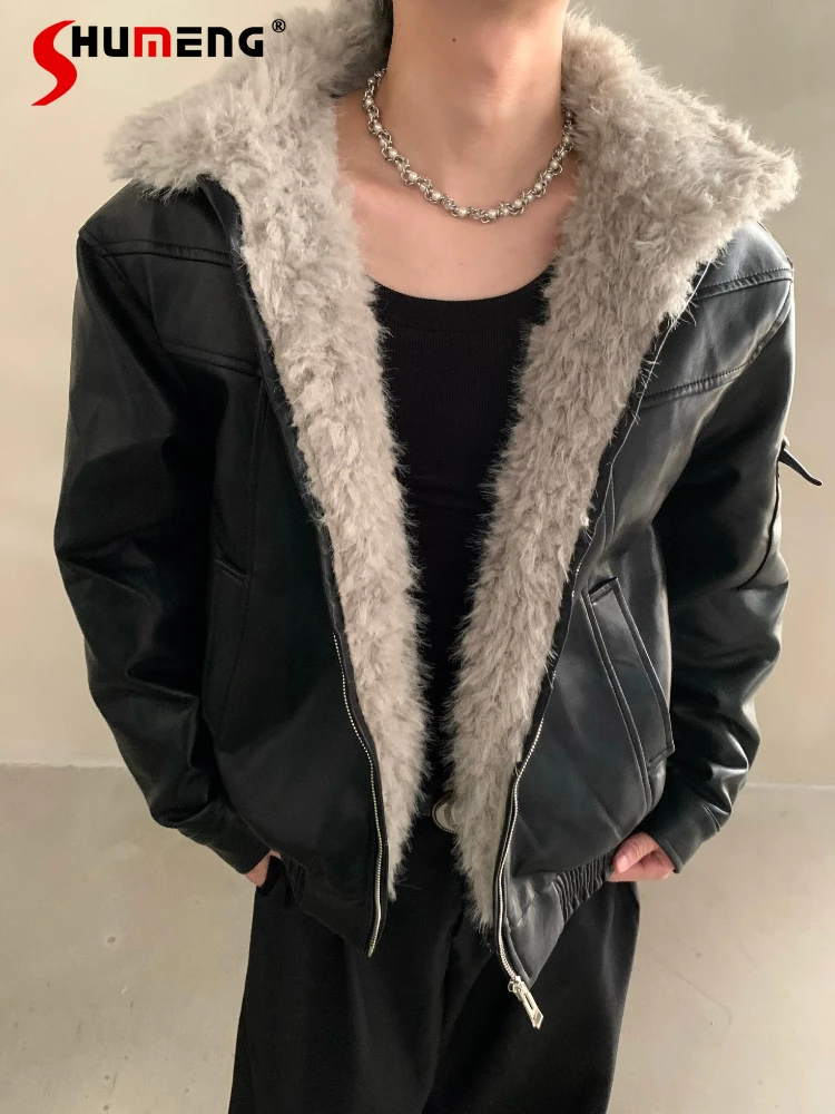 

2025 Men's Winter New High-End Stylish Faux Fur Collar Faux Leather Coats Men's Thickened Warm Stand Collar Trendy Jacket Parkas