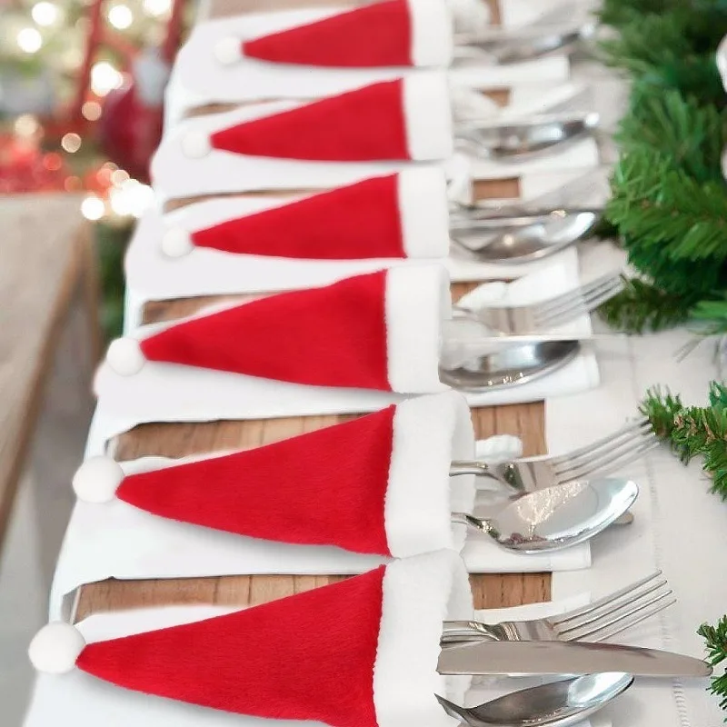 Christmas Tableware Decorations Christmas Hat Knife and Fork Covers Wine Bottle Hat Fleece Mini Hats Tableware Set 10PCS