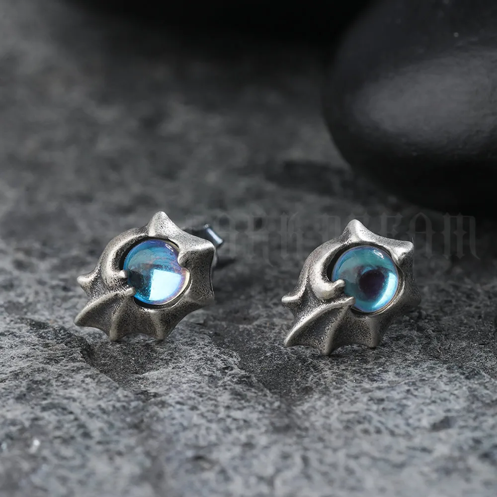 Retro Real 925 Sterling Silver Crystal Stud Earrings Dragon Wings Piercing Ear Studs Mens Women's Rock Gothic Jewelry